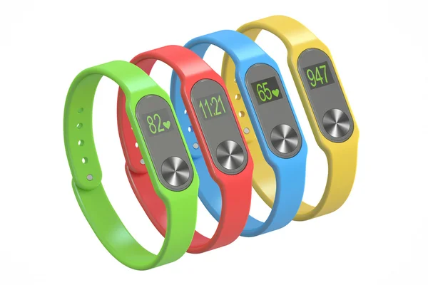 Meerkleurige activity trackers of fitness armbanden, 3D-rendering — Stockfoto