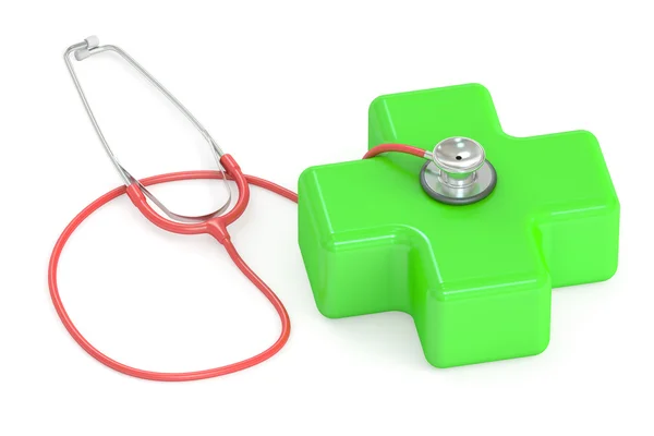 Медицинская концепция, стетоскоп с зеленым крестом. 3D рендеринг — стоковое фото