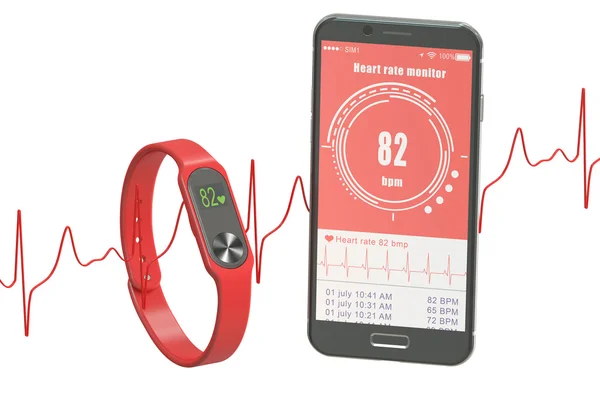 Rastreador de actividad o pulsera de fitness con smartphone, renderi 3D — Foto de Stock