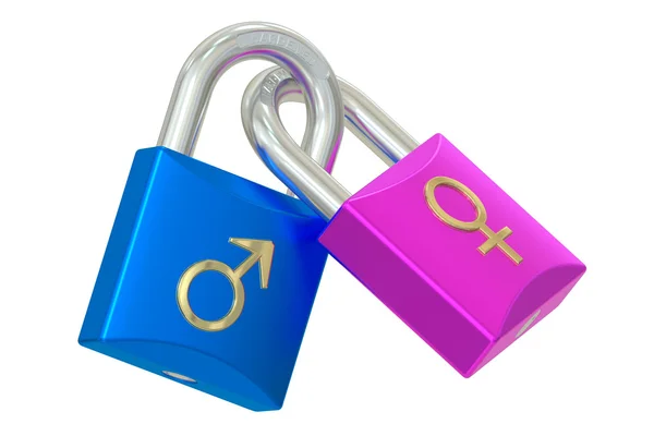 Padlocks with man and woman  gender symbols, wedding concept. 3D — Stock Photo, Image