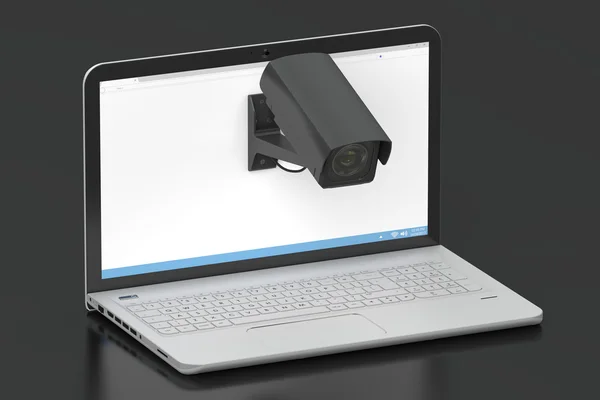 Concepto de seguridad en Internet. Ordenador portátil y CCTV, renderizado 3D — Foto de Stock