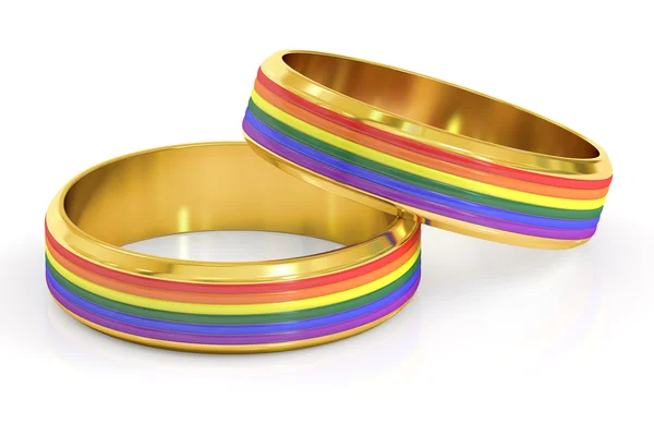 Conceito de casamento gay com anéis arco-íris, renderização 3D — Fotografia de Stock