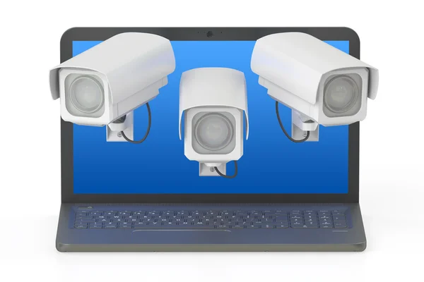 Concetto di sicurezza Internet. Computer portatile e CCTV, rendering 3D — Foto Stock