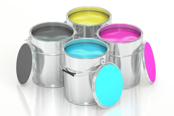 Latas con pintura de color, concepto CMYK. Renderizado 3D — Foto de Stock