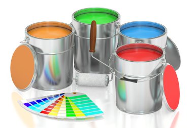Boya teneke, paleti ve rulo fırça. 3D render