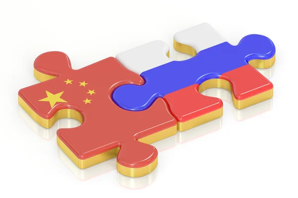 Rusia y China rompecabezas de banderas, representación 3D —  Fotos de Stock