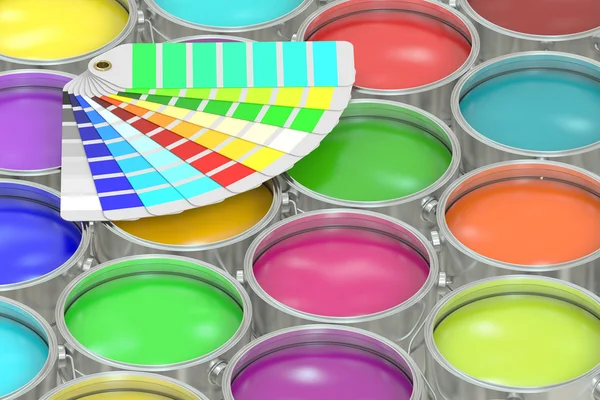 Verf blikjes achtergrond met pantone kleurenpalet gids. 3D-rende — Stockfoto