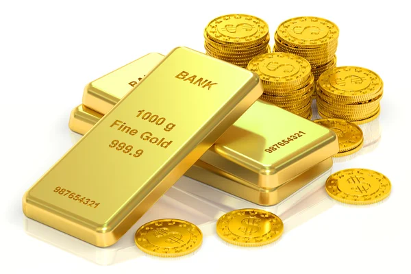 Zlaté slitky a mince, 3d vykreslování — Stock fotografie