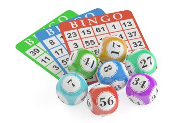 Bingo kavramı, piyango toplar ve kartları. 3D render 