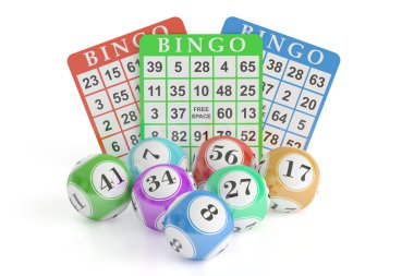 Bingo kavramı, piyango toplar ve kartları. 3D render 
