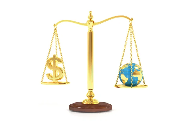 Equilíbrio conceito, mundo e dinheiro nas escalas. Renderização 3D — Fotografia de Stock