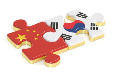 Güney Kore ve Çin bulmacalar bayraklar, 3d render