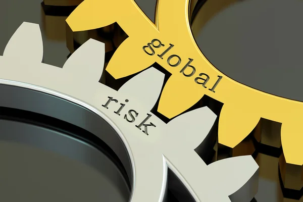 Conceito de risco global nas engrenagens, renderização 3D — Fotografia de Stock