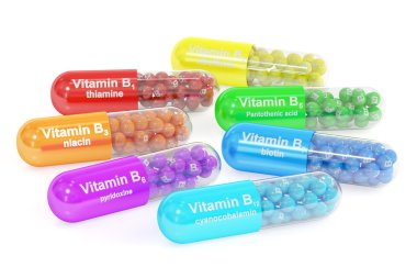 Set of vitamin capsules B1, B2, B3, B5, B6, B7, B12. 3D renderin clipart