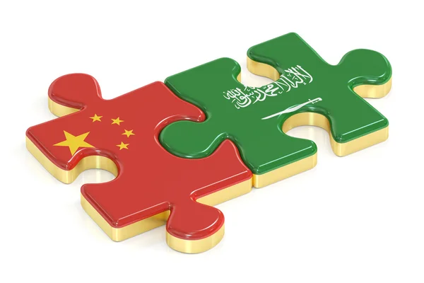China y Arabia Saudita rompecabezas de banderas, representación 3D — Foto de Stock