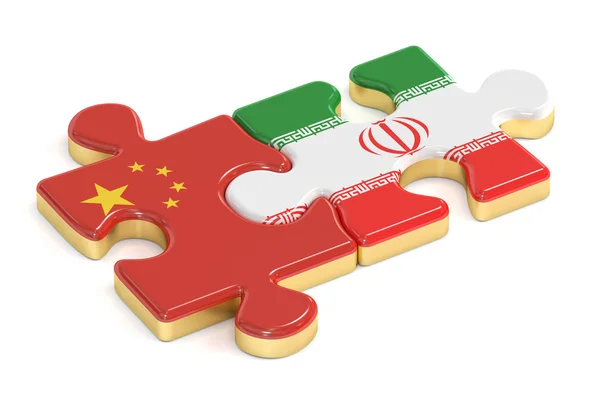 China e Irán rompecabezas de banderas, representación 3D — Foto de Stock