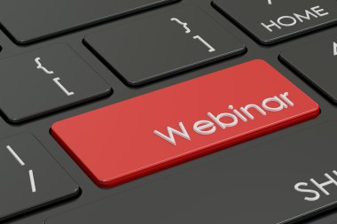 Webinar, kırmızı sıcak anahtar üstünde belgili tanımlık klavye, 3d render