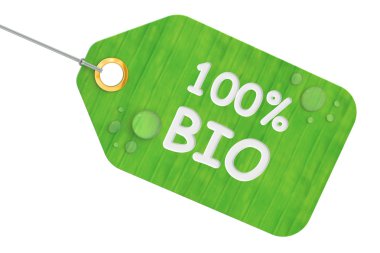 100% bio concept, green tag. 3D rendering clipart