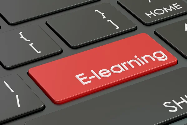 E-learning, tecla de acceso rápido rojo en el teclado, representación 3D — Foto de Stock