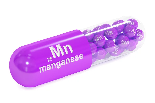 Capsule with manganese Mn element Dietary supplement, 3D renderi — Stock Photo, Image