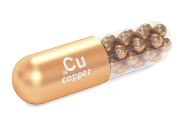 Capsule with copper Cu element Dietary supplement, 3D rendering — Stock Photo, Image