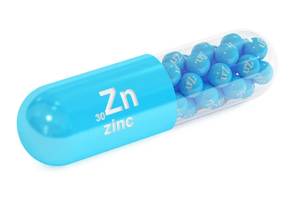 Cápsula con zinc Zn elemento Suplemento dietético, renderizado 3D —  Fotos de Stock