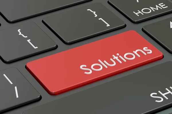 Concetto di soluzioni, tasto rosso sulla tastiera. Rendering 3D — Foto Stock