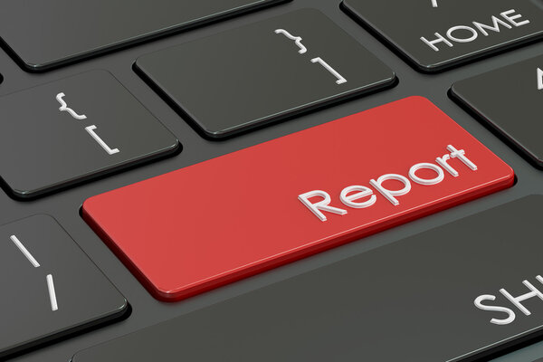 Концепция отчета, красная клавиша на клавиатуре. 3D рендеринг
