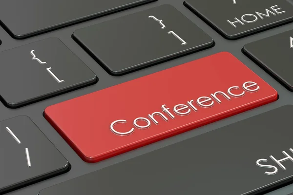 Konference, červené horké klávesy na klávesnici, vykreslování 3d objektů — Stock fotografie