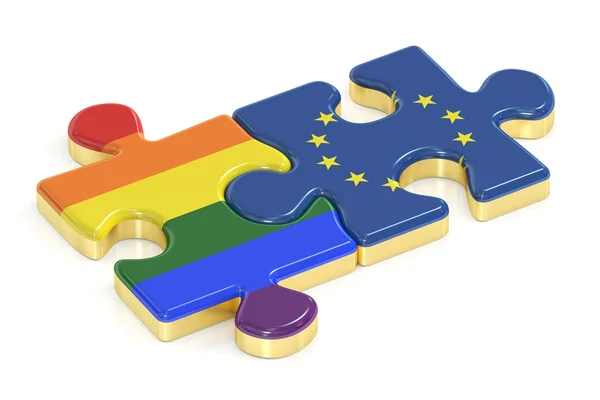 从旗帜，3d 渲染的同性恋骄傲彩虹和欧盟谜题 — 图库照片