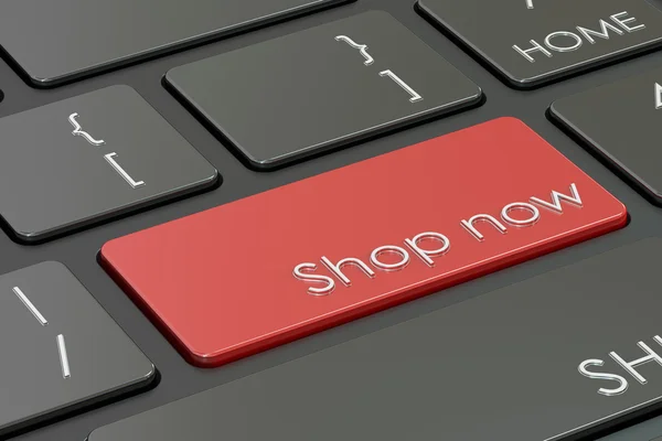 Tienda ahora botón, tecla de acceso rápido rojo en el teclado 3D renderizado — Foto de Stock