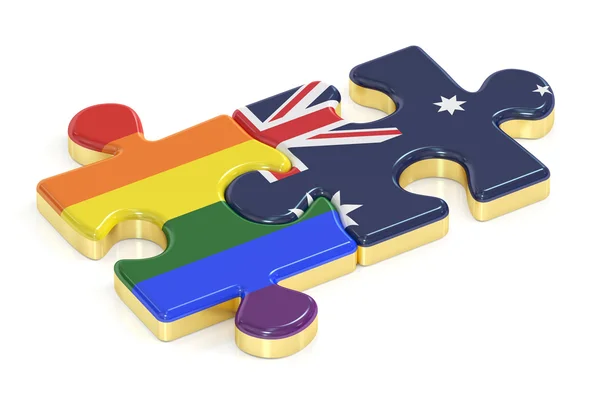 Gay pride regenbogen und australien puzzles aus flaggen, 3d rendering — Stockfoto