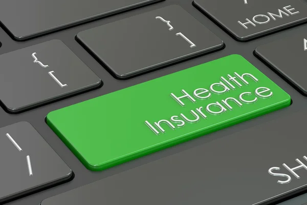 Кнопка медичного страхування, зелена клавіша на клавіатурі. 3D візуалізація — стокове фото