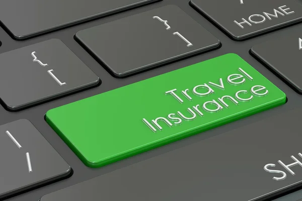 在键盘上旅行保险概念，红色热键。3d 渲染 — 图库照片