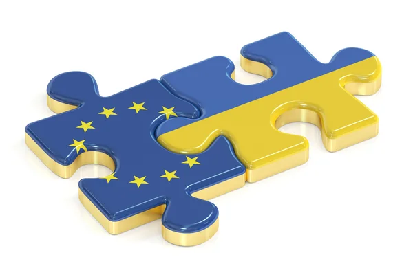 Ucrania y la UE rompecabezas de banderas, representación 3D —  Fotos de Stock