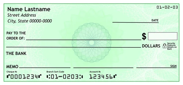 Cheque bancário em branco, renderização 3D — Fotografia de Stock