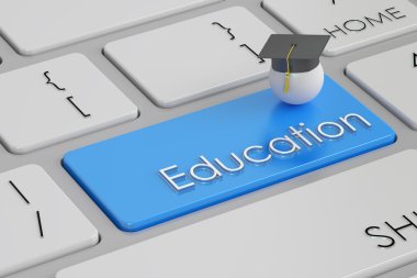 education button, blue key on  keyboard. 3D rendering clipart