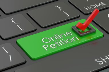 Online dilekçe, yeşil anahtar üstünde klavye. 3D render
