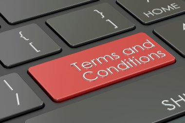 terms and conditions, red key on  keyboard. 3D rendering clipart