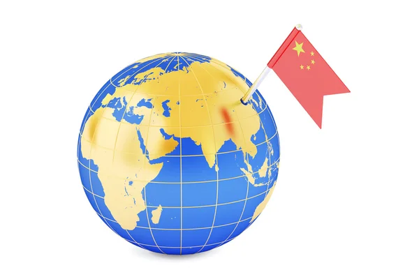 Chiński pin Flaga na mapie świata, renderowania 3d — Zdjęcie stockowe