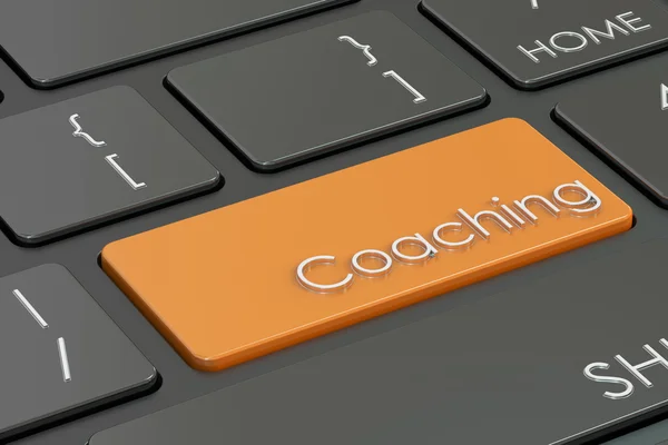 Coaching, chave laranja no teclado, renderização 3D — Fotografia de Stock
