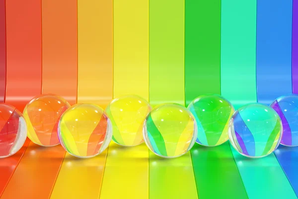 Tiras abstractas de colores arco iris con fondo de bolas de cristal, 3D — Foto de Stock