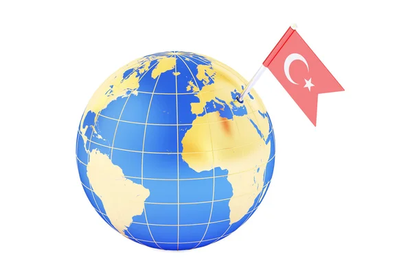 Turecki pin Flaga na mapie świata, renderowania 3d — Zdjęcie stockowe