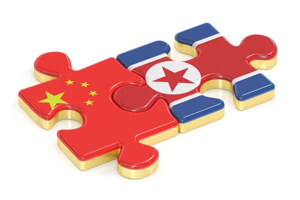 China y Corea del Norte rompecabezas de banderas, representación 3D — Foto de Stock