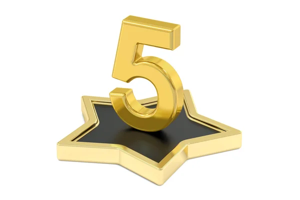 Gyllene nummer 5 på star podium, 3d-rendering — Stockfoto