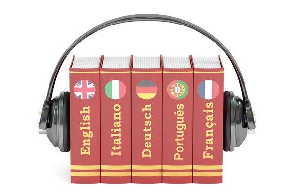 Kopfhörer und Bücher, Sprachen lernen und Konzept übersetzen. — Stockfoto