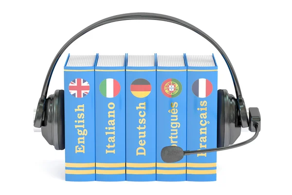 Cuffie e libri, lingue che imparano e traducono concetto. 3D — Foto Stock