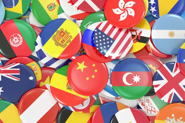 Emblemas de bandeiras mundiais internacionais, renderização 3D — Fotografia de Stock