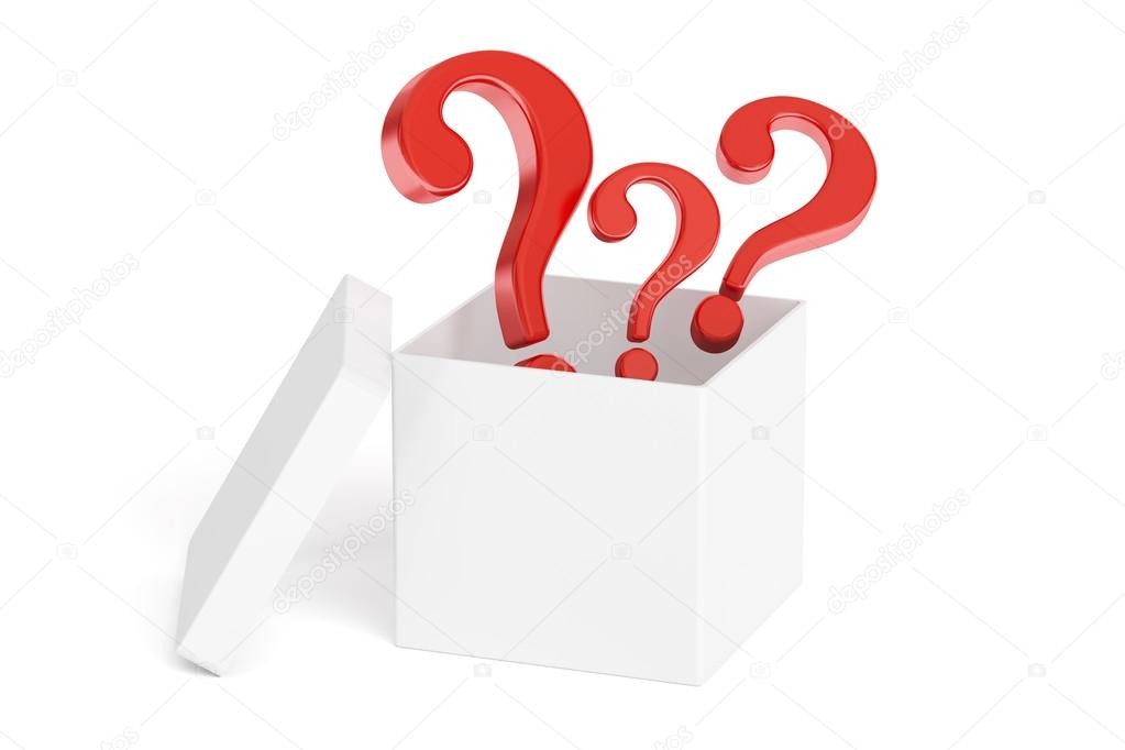 Open box with questions, 3D rendering