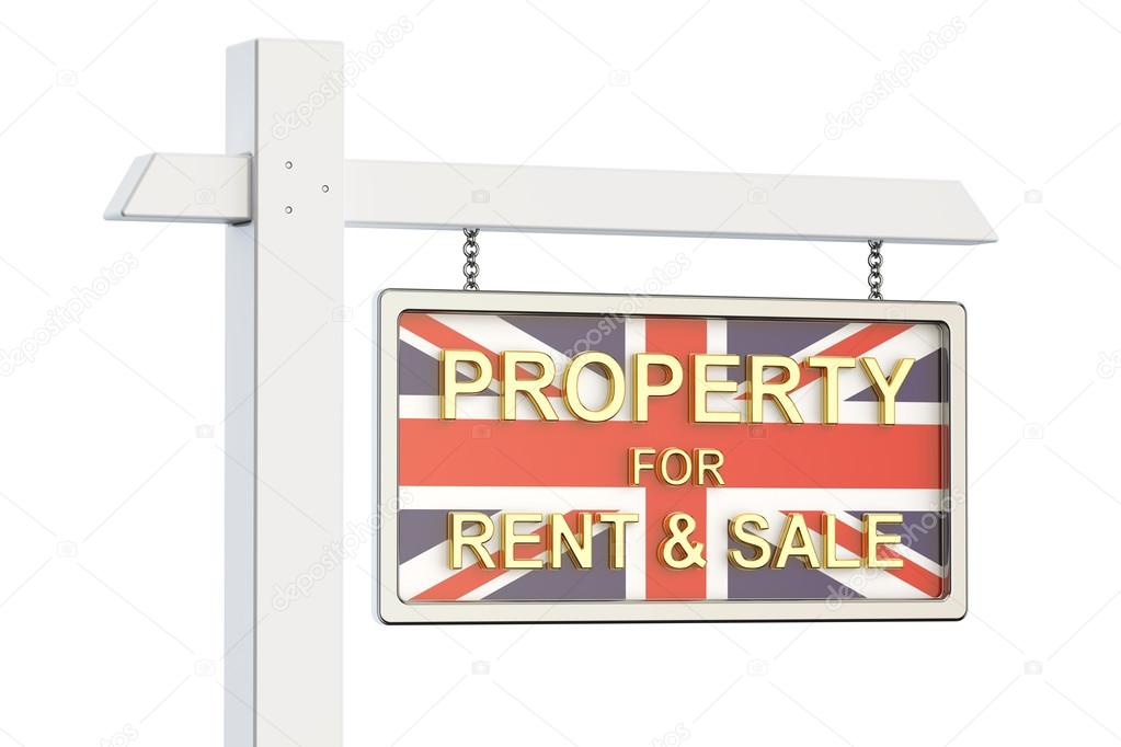 Property for sale and rent in UK concept. Real Estate Sign, 3D r